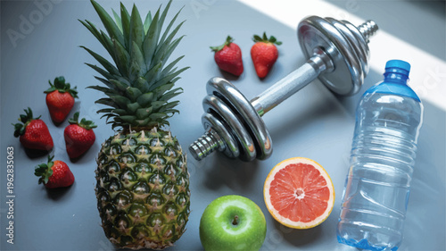 Fresh fruit and fitness equipment on gray surface  healthy lifestyle concept