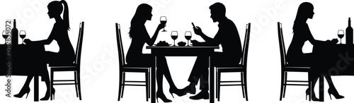Romantic couple dining silhouette set with man and woman drinking wine at restaurant table for date night and lifestyle graphics