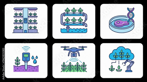 Innovative Sustainable Farming Technology Icons for Precision Agriculture