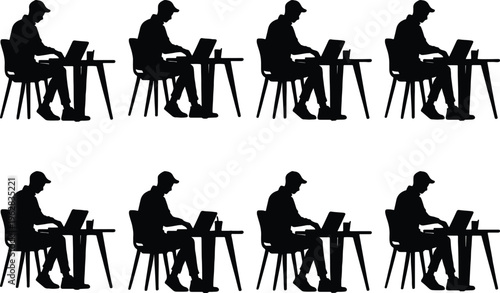 Eight silhouetted figures of men wearing caps, seated at desks with laptops, representing remote work, technology, and focused concentration in a modern setting.