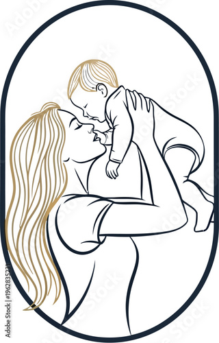 Elegant line art logo depicting a loving mother joyfully holding her sleeping infant high up within a classic oval frame design.