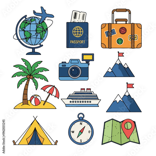 Colorful travel icons and elements