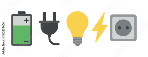 Battery plug bulb lightning socket energy icons set