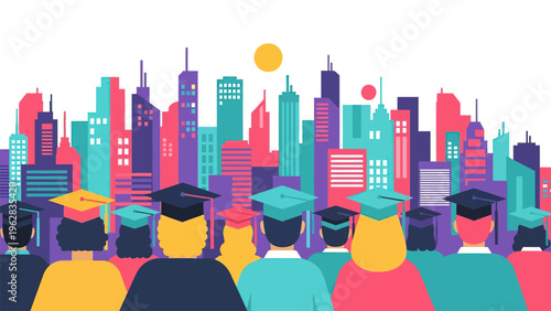 Colorful City Skyline with Graduation Caps Education Celebration Background
