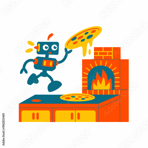 Cute cartoon robot chef preparing fresh pizza in a rustic brick wood fired oven illustration for culinary technology concepts and modern fast food delivery service design
