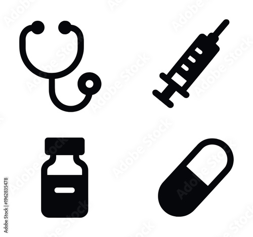 Medical icons: stethoscope, syringe, medicine bottle, and capsule