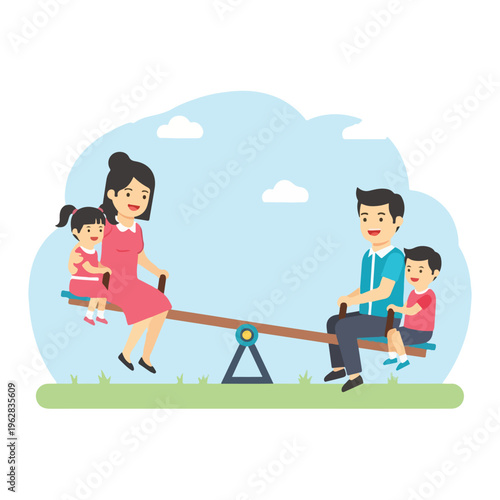 Illustration of a family playing on a seesaw at a playground