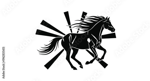 Horse silhouette with dynamic radiating lines symbolizing power and speed stands prominently as a versatile graphic design element, ideal for emblems, logos, or branding projects.