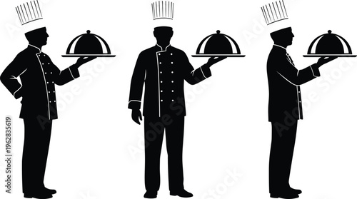 Black silhouette of professional male chef holding food platter tray cad drawing flat vector illustration isolated on a white background