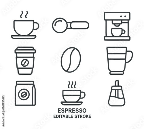 Coffee icons set: espresso, cups, coffee maker, coffee beans, sugar