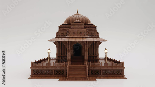 Intricately carved brown wooden model of a Hindu temple with staircase and dome roof