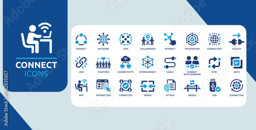 Connection Icons Set – Network, Connectivity, Integration, Link, WiFi & Communication Flat Line Icons Collection