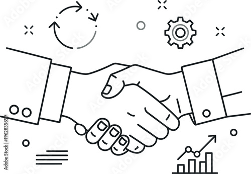 Business professionals confirm a successful deal through a firm handshake surrounded by abstract icons representing process improvement and growth statistics.