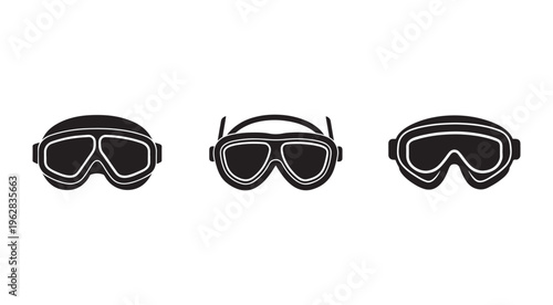 Three black and white diving goggles with white outlines for snorkeling or scuba diving on a plain white background for graphic design