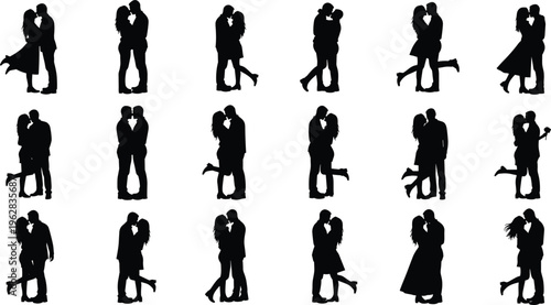 Black silhouette set of romantic couples kissing and hugging cad drawing flat vector illustration for architectural projects and wedding design.