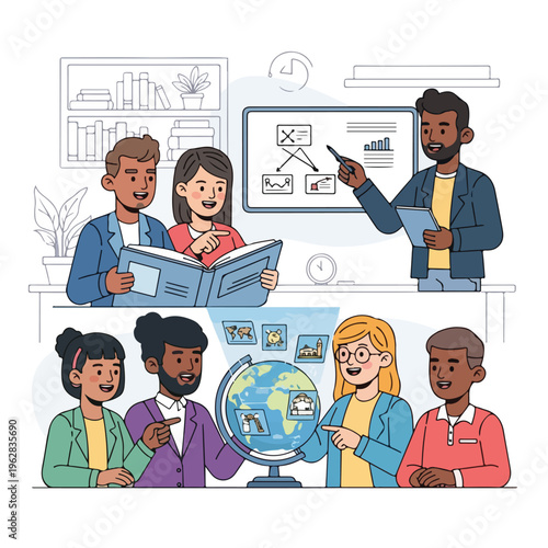 Illustration of people learning, studying, and presenting ideas together