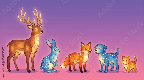 cartoon animals standing together in a line on purple background