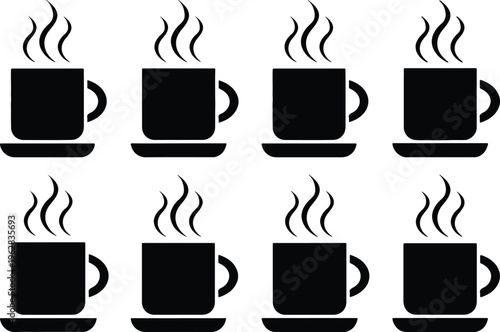 Eight black silhouette mugs with steam rising, representing hot drinks like tea or coffee, perfect for cozy moments and cafe ambiance.