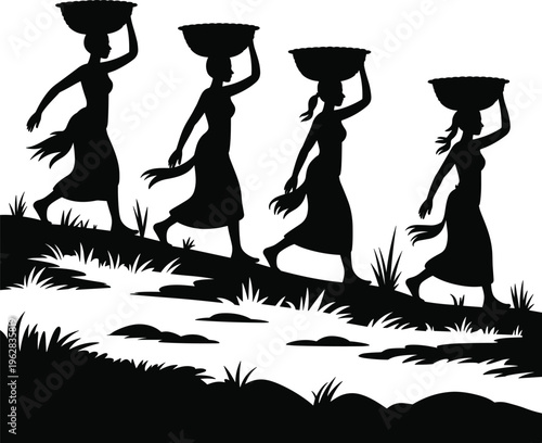 Black silhouette women walking with baskets on heads, rural lifestyle, traditional labor, cultural daily life vector illustration artwork