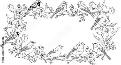 Charming frame of spring songbirds perched on blooming branches adorned with tulips, daffodils, and delicate blossoms, rendered in black and white line art for relaxing coloring.