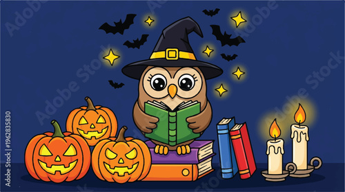 cartoon owl wearing witch hat reading book with pumpkins and books and candle on dark blue background