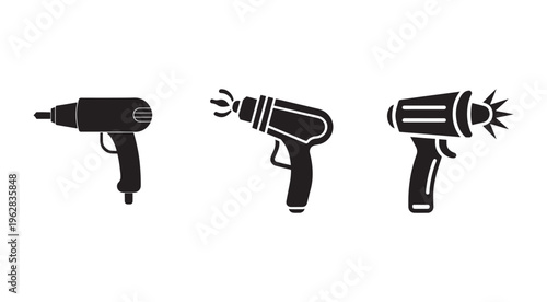 Three black and white icons of drill and heat guns used for DIY projects and home repairs  heat gun and drill icons