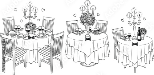 Romantic dinner table vector illustration set with lit candles rose centerpieces and wine for valentines day wedding and restaurant decor
