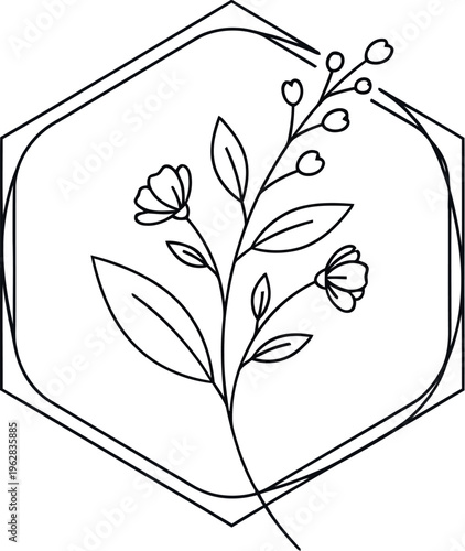Minimalist botanical line art illustration featuring delicate flowers and leaves gracefully arranged within a stylized geometric hexagon, perfect for elegant design and branding projects.