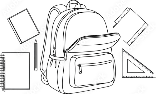 Outline illustration of a school backpack surrounded by various essential stationery items needed for education and learning activities.