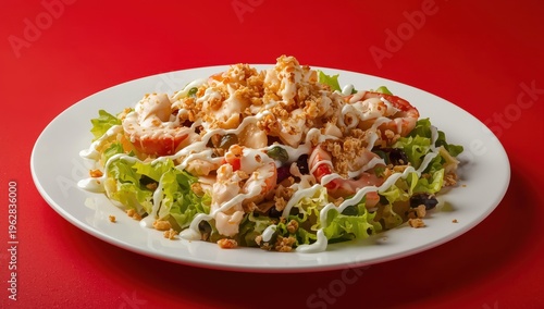 Crab salad with breadcrumbs on a solid red backdrop, garnished with lettuce, viewed from the side