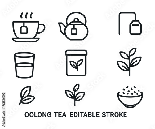 Oolong tea outline icons set featuring teacup teapot tea bag and leaves