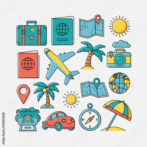 Colorful travel icons arranged on a light gray background, for vacation concept