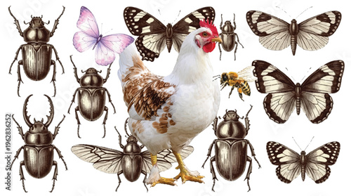 chicken and various insects on white background
