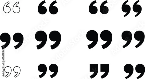 Collection of black and outline double quotation marks in various font styles and weights for punctuation, speech bubbles, and graphic design