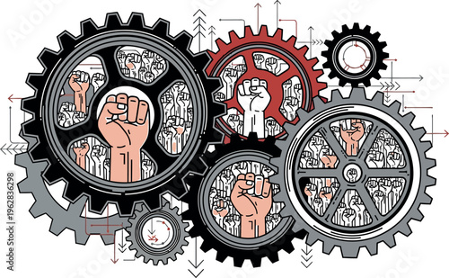 Interlocking gears filled with numerous raised fists symbolize the collective power and solidarity of working-class people driving social change and revolutionary movements.