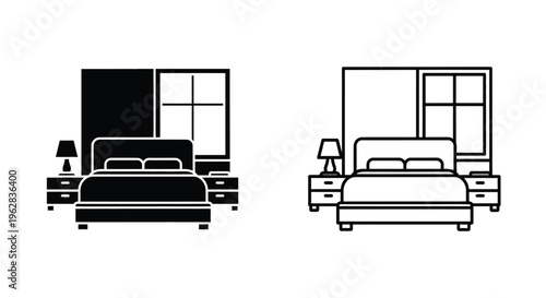 Minimalist bedroom designs with furniture shown in black and white silhouette