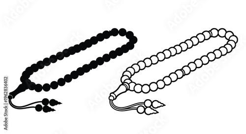 Black and white islamic prayer beads displayed as a striking silhouette