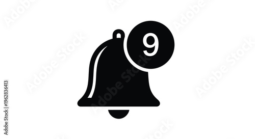Black notification bell icon with a number nine silhouette