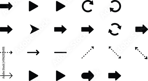 Collection of black arrow icons featuring play buttons reload symbols directional pointers and dotted lines for navigation interface and web design