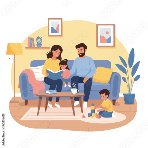 Illustration of a family reading a book and playing in their living room