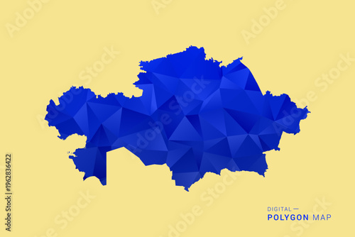 Kazakhstan Map - Low poly polygon map in deep blue gradient on soft beige background, modern minimal geometric design, clean abstract vector illustration with faceted triangulated style.