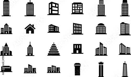 Collection of black building icons and skyscraper silhouettes featuring city architecture office towers residential houses and urban real estate design elements