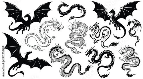 Collection of dragon and bat silhouettes and illustrations in various poses and styles together