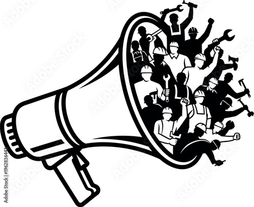 Black and white graphic depiction of a protesting crowd of workers emerging from a large megaphone symbolizing collective voice and industrial demands.