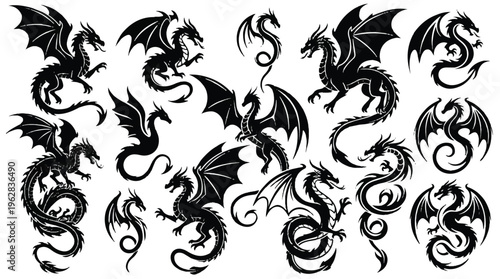 Collection of various dragon silhouettes in different poses and styles  mythical creatures