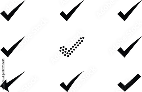 Collection of black check mark icons featuring various styles including bold dotted arrow and classic tick symbols for success and approval