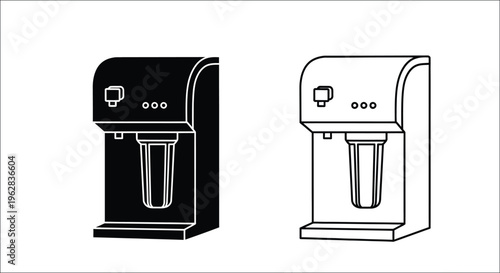 Two water dispenser machines in contrasting views a black silhouette
