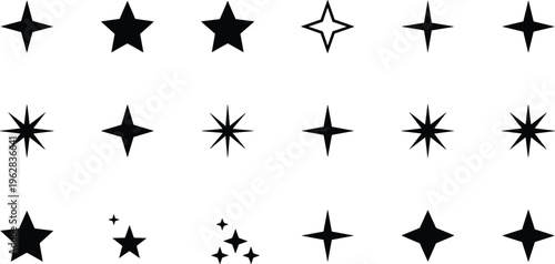 Collection of black star icons featuring various shapes including sparkles four point stars twinkles and celestial symbols for decorative graphic design