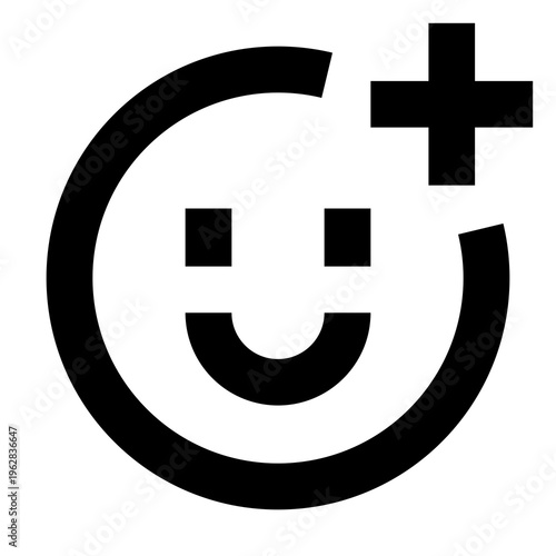 Smiley face add icon with plus symbol for new contact or positive feedback. Perfect for apps, profiles, or dashboards. Sharp bold black line icon for website, UI, or communication tools.