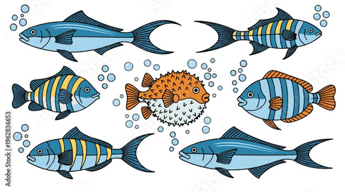 colorful cartoon fish swimming around a pufferfish in water with bubbles